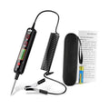 DC circuit tester pen with LED voltage display, coiled probe lead, and alligator clips