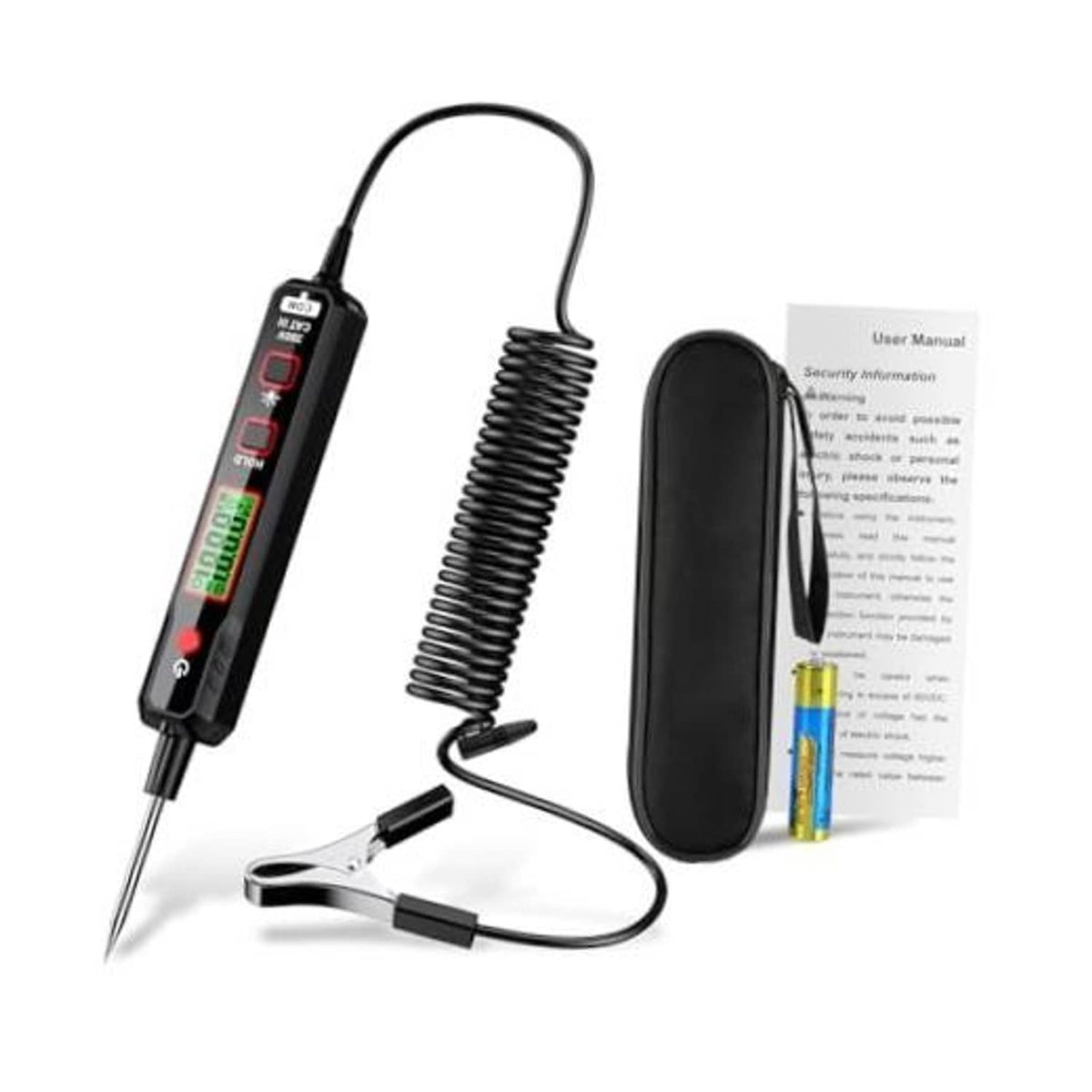 DC circuit tester pen with LED voltage display, coiled probe lead, and alligator clips