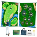 Double-sided golf practice mat with score targets, green and turf-style design