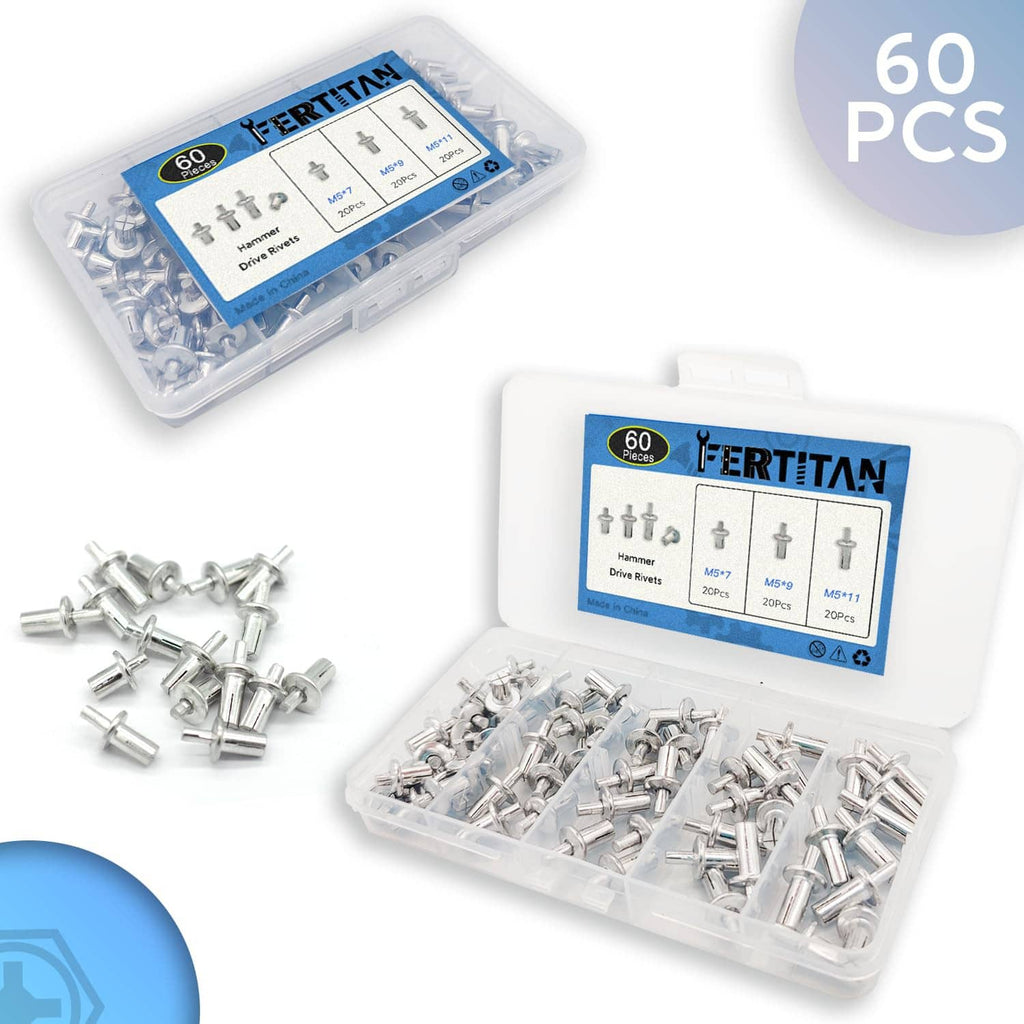 60-piece hammer drive rivet set with clear organizer case and loose aluminum rivets