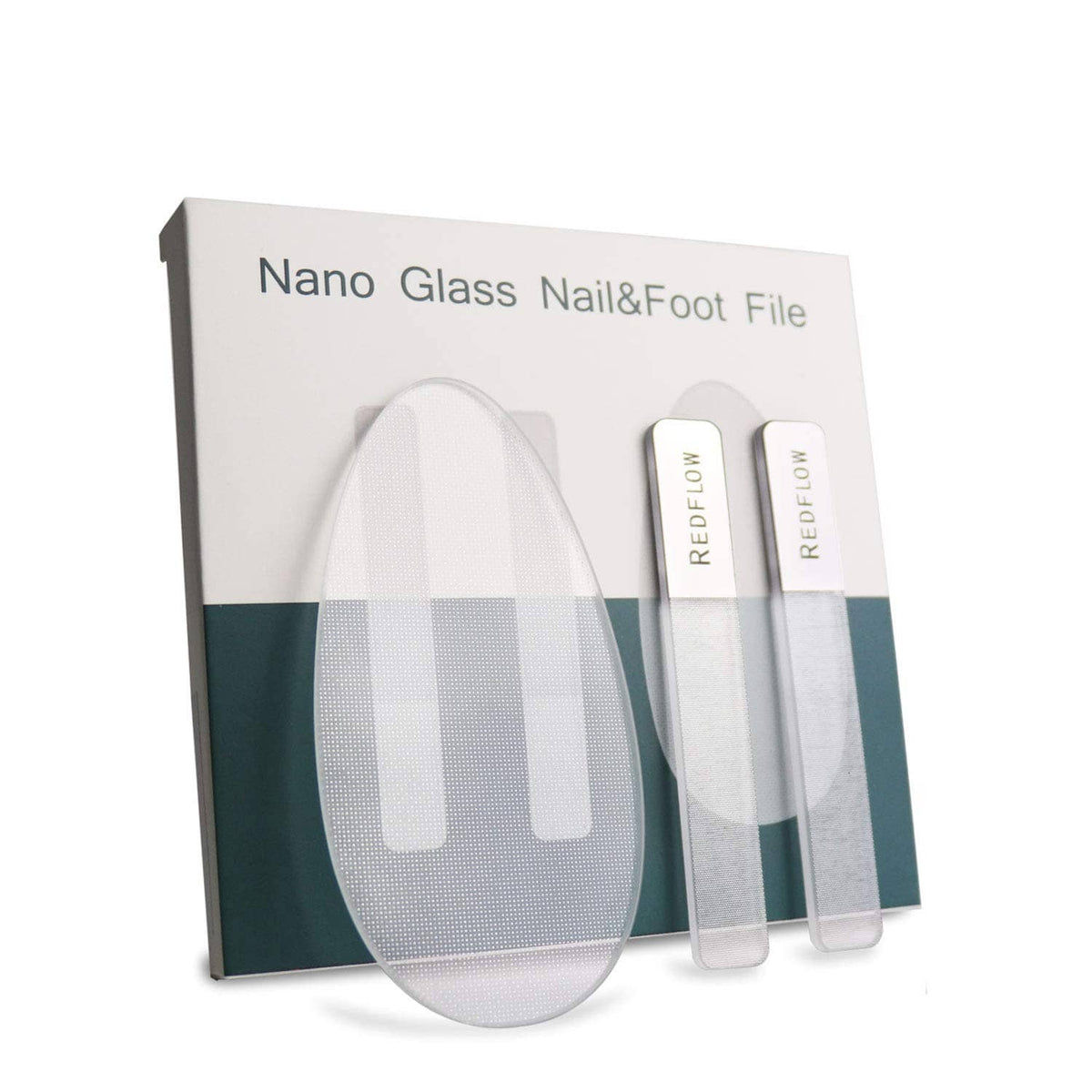 Nano glass nail and foot file set, two clear textured grits with REDFLOW label