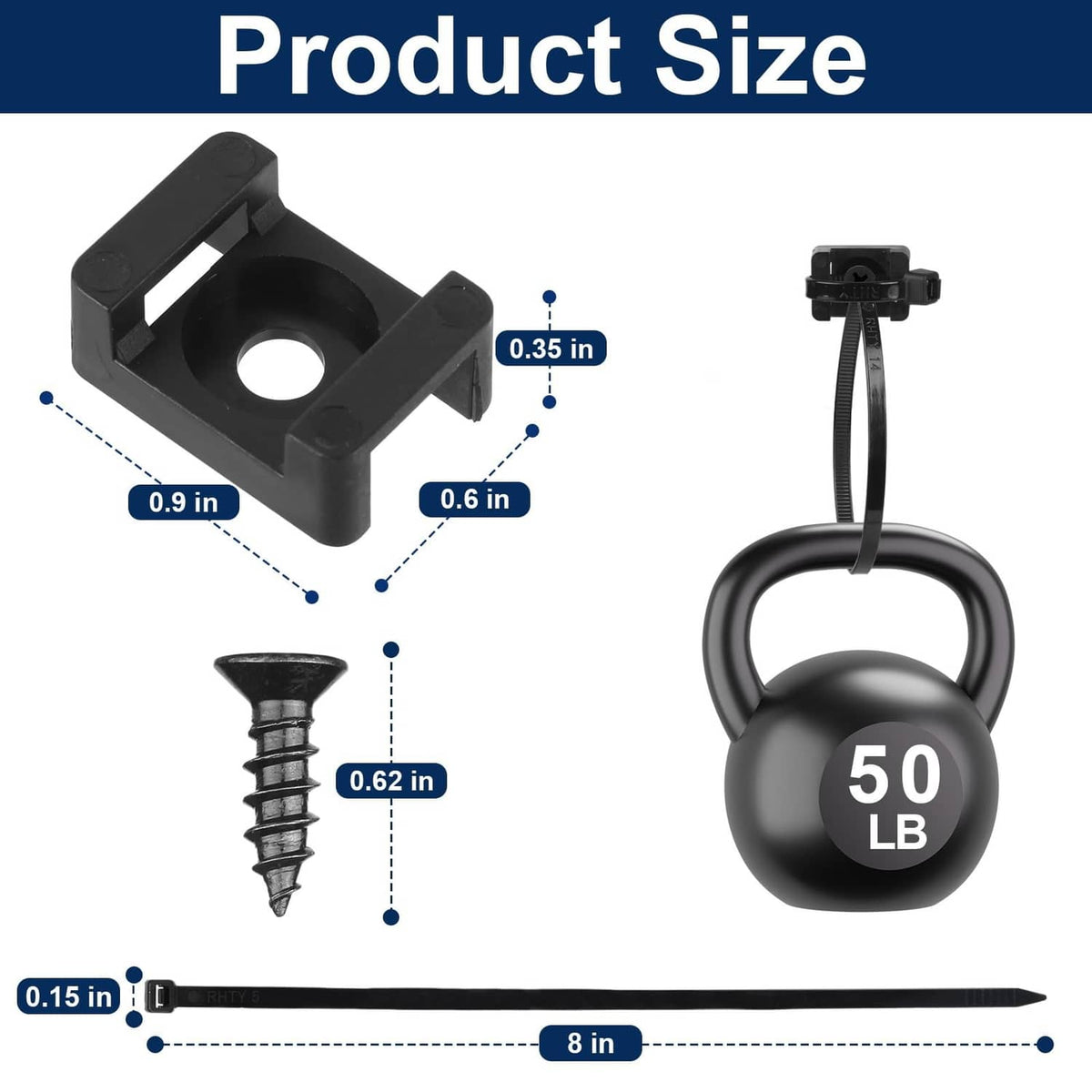 Black zip tie mount with screw anchor and tie, rated 50 lb