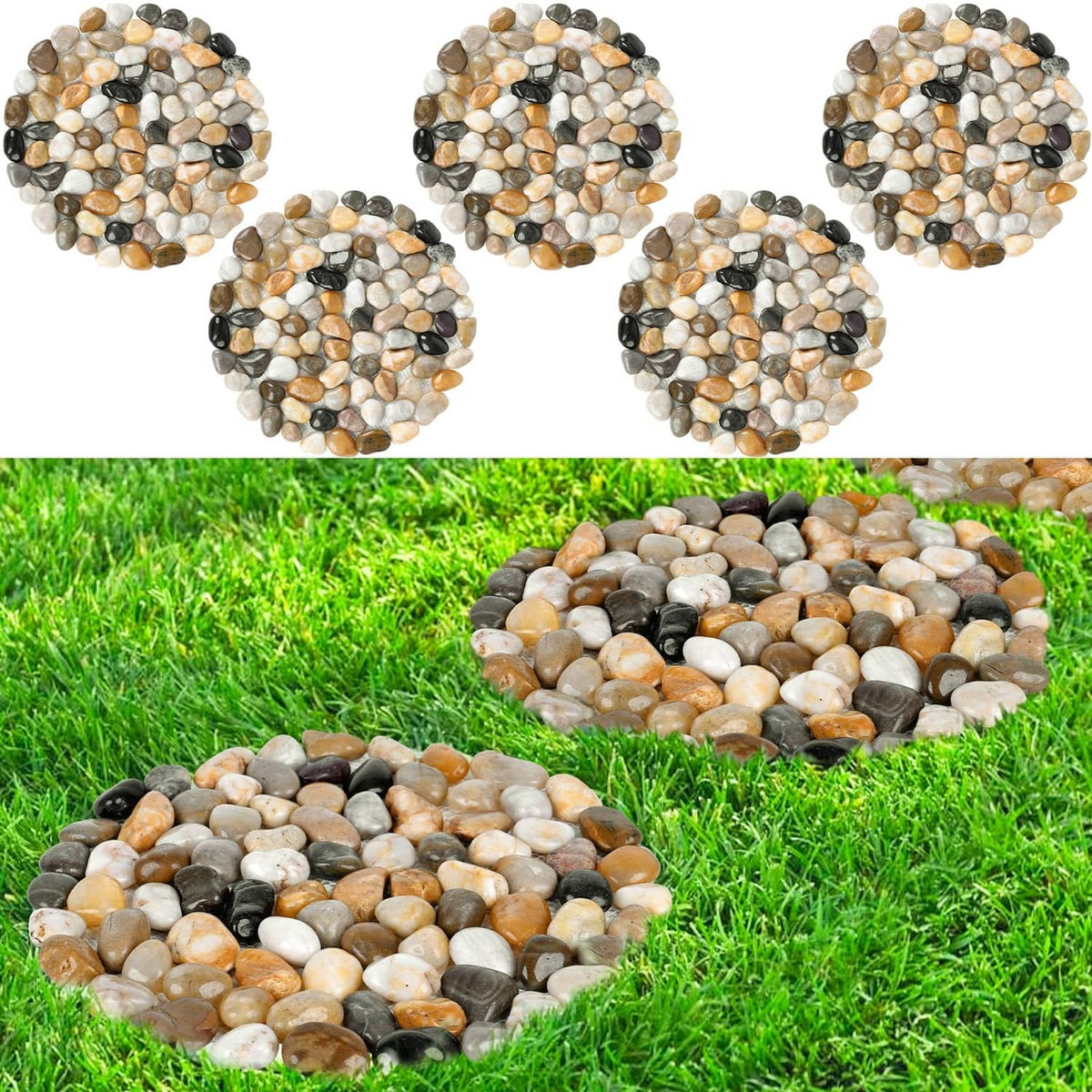 Round river rock stepping stones set of five, multi-tone smooth stones on mats