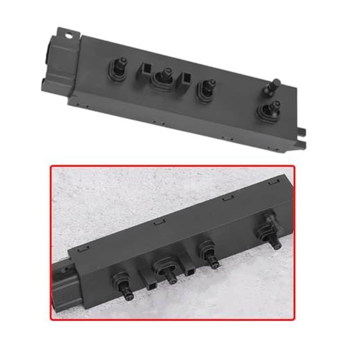 Black power seat switch panel with five buttons; underside connector detail shown