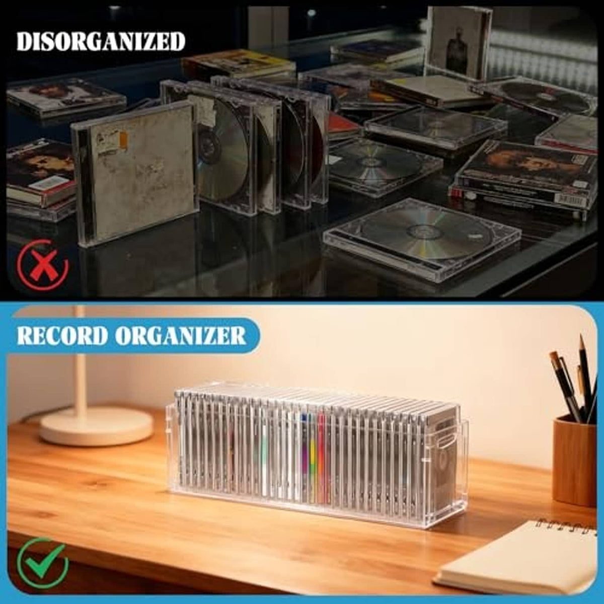 Clear acrylic disc organizer case with stacked rows and front carry handle