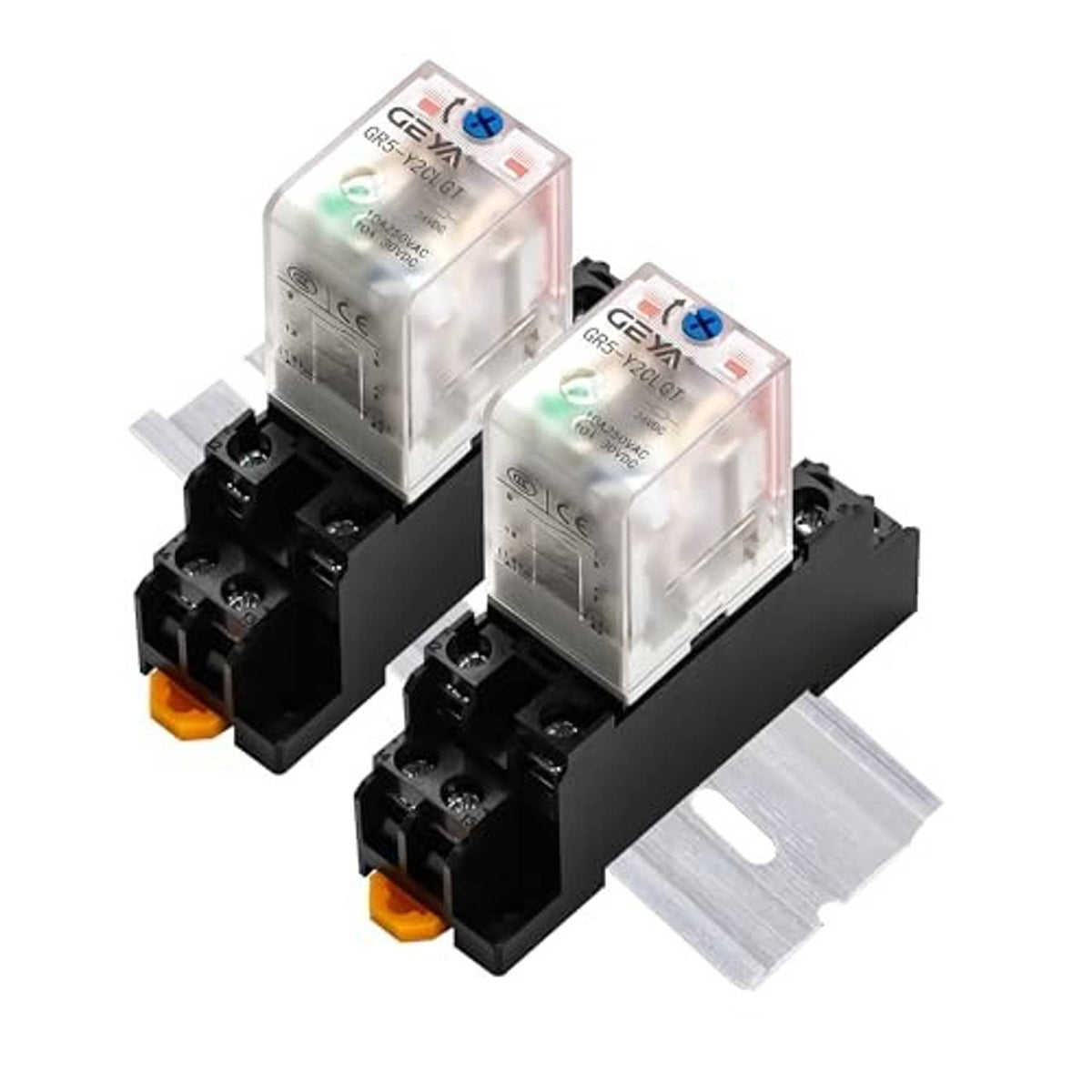 2x electromagnetic power relay modules with clear covers and black 8-pin bases on rail