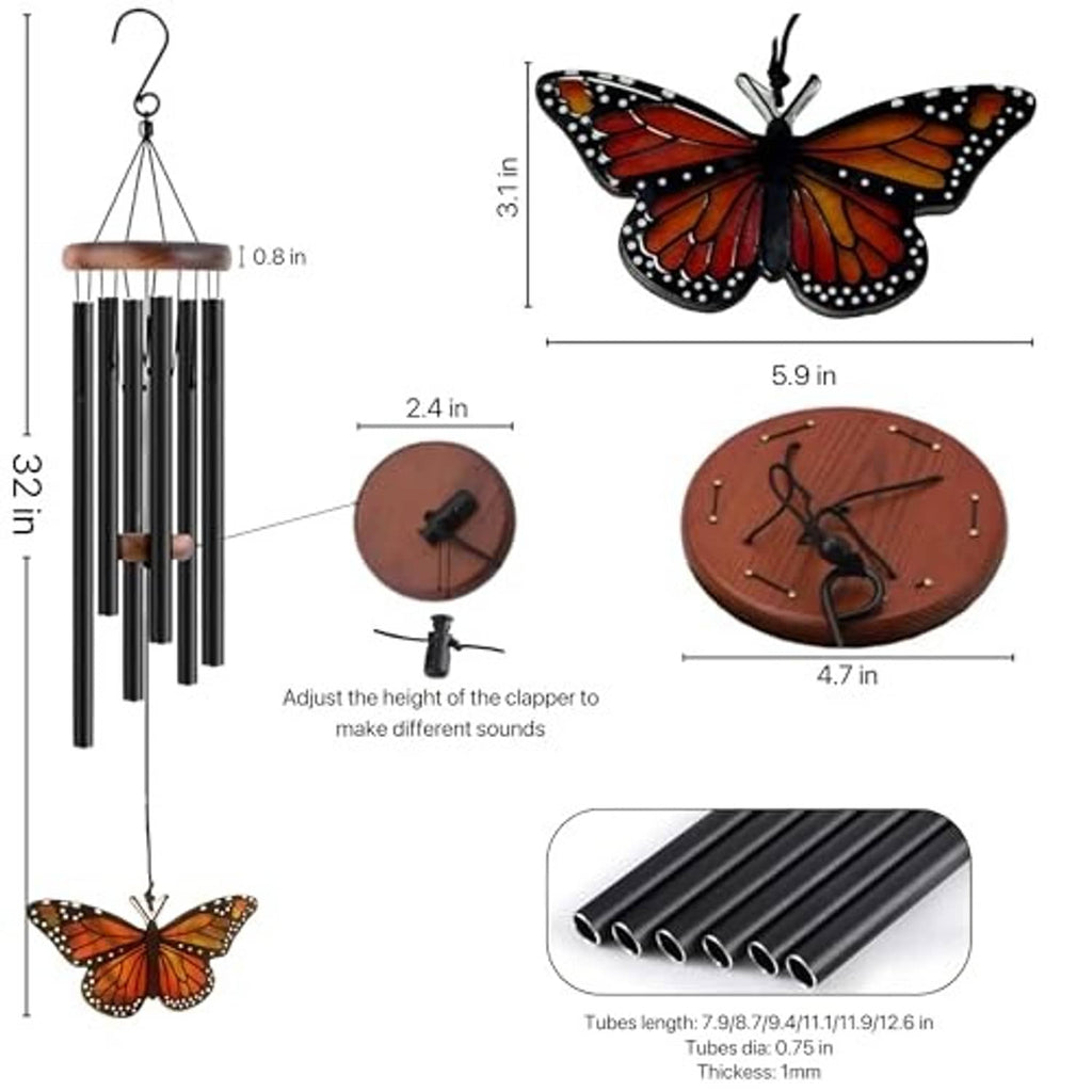 Monarch butterfly wind chime with black tubes, wooden top, and hanging butterfly
