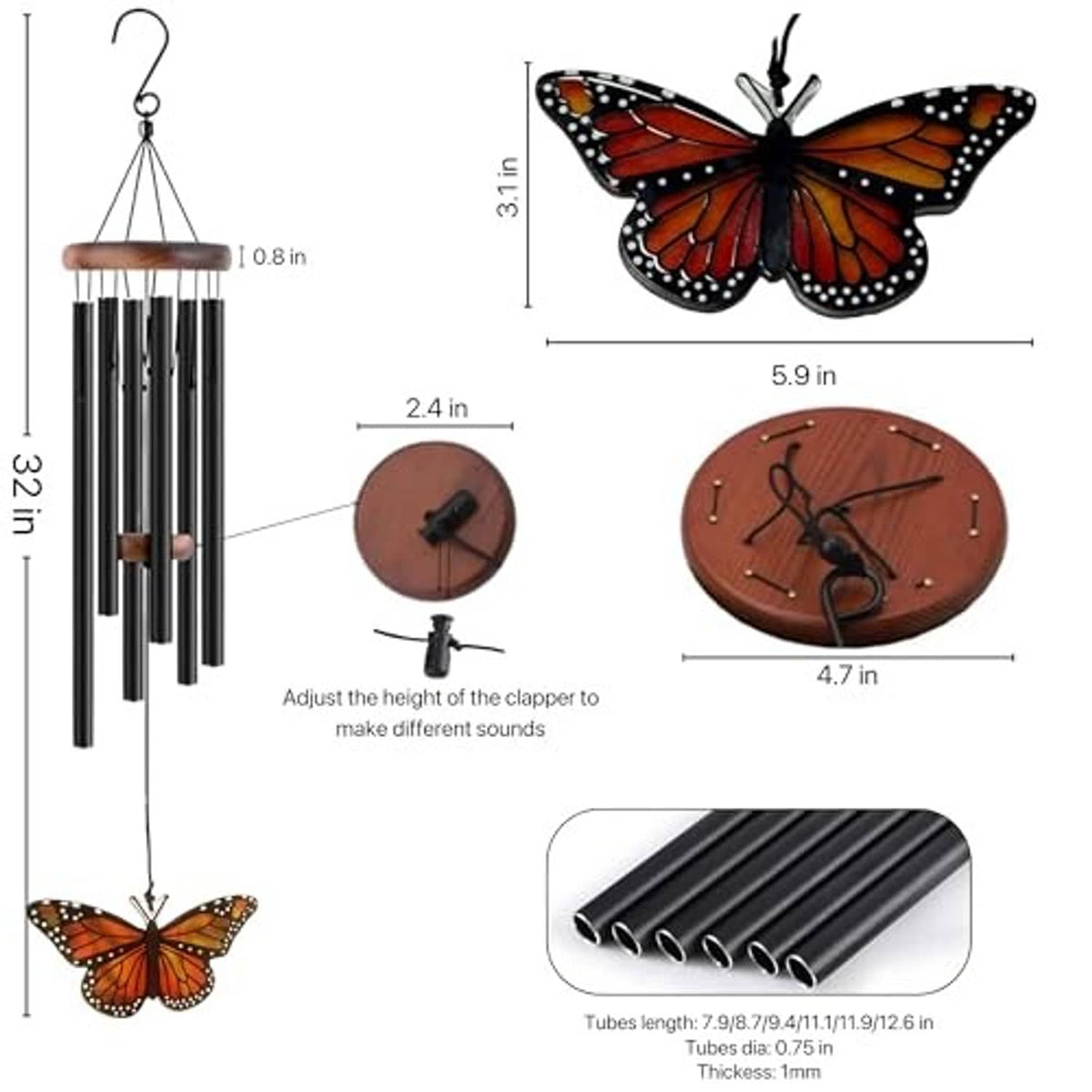 Monarch butterfly wind chime with black tubes, wooden top, and hanging butterfly