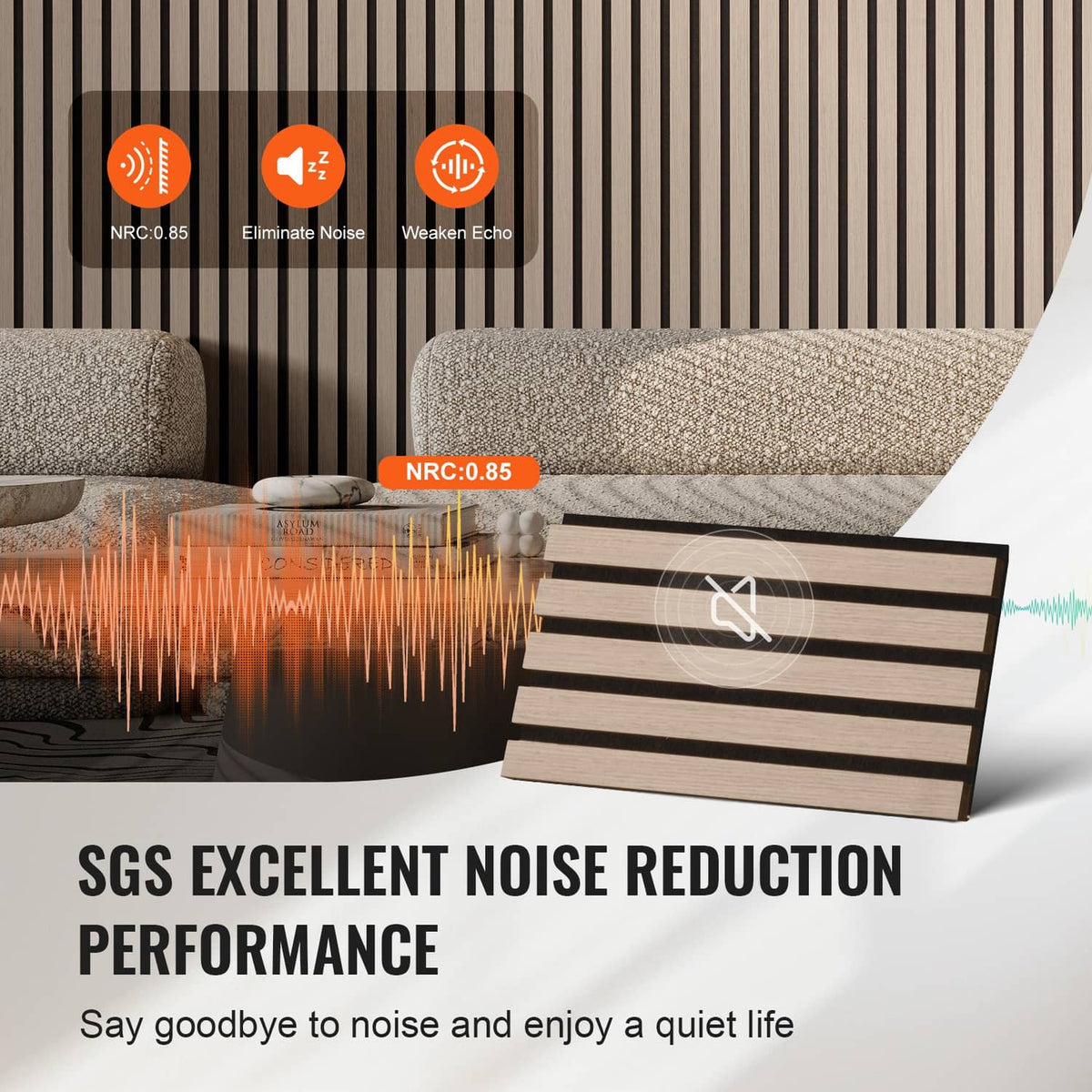 Wood slat acoustic panel with vertical stripes; noise reduction icons shown