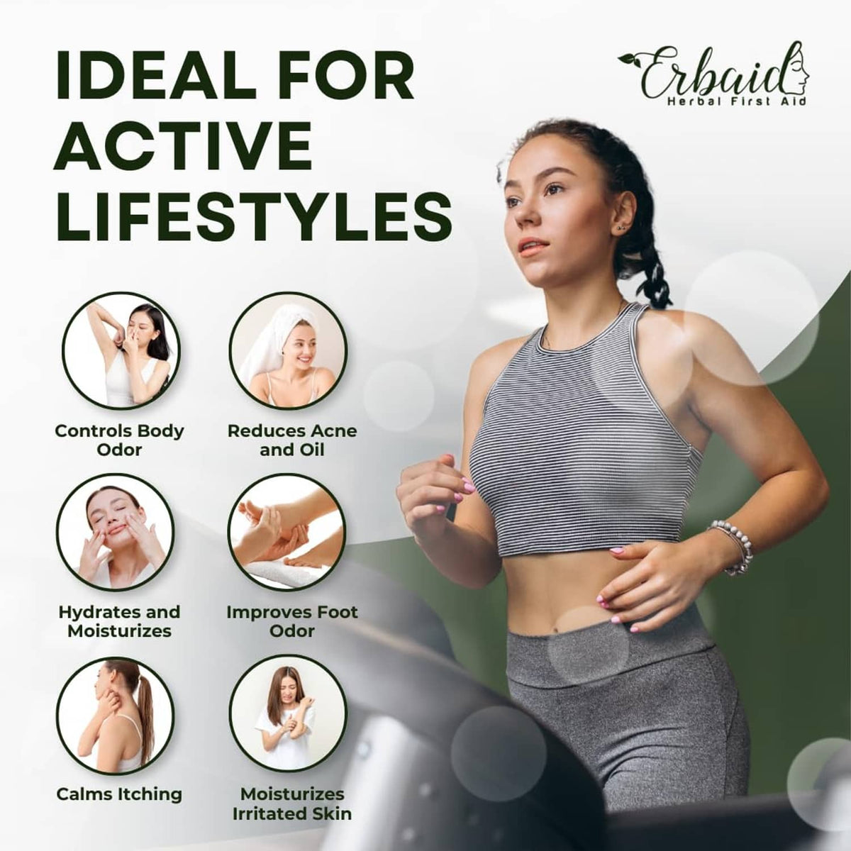 Tea tree soap bar package shown with active lifestyle skincare infographic