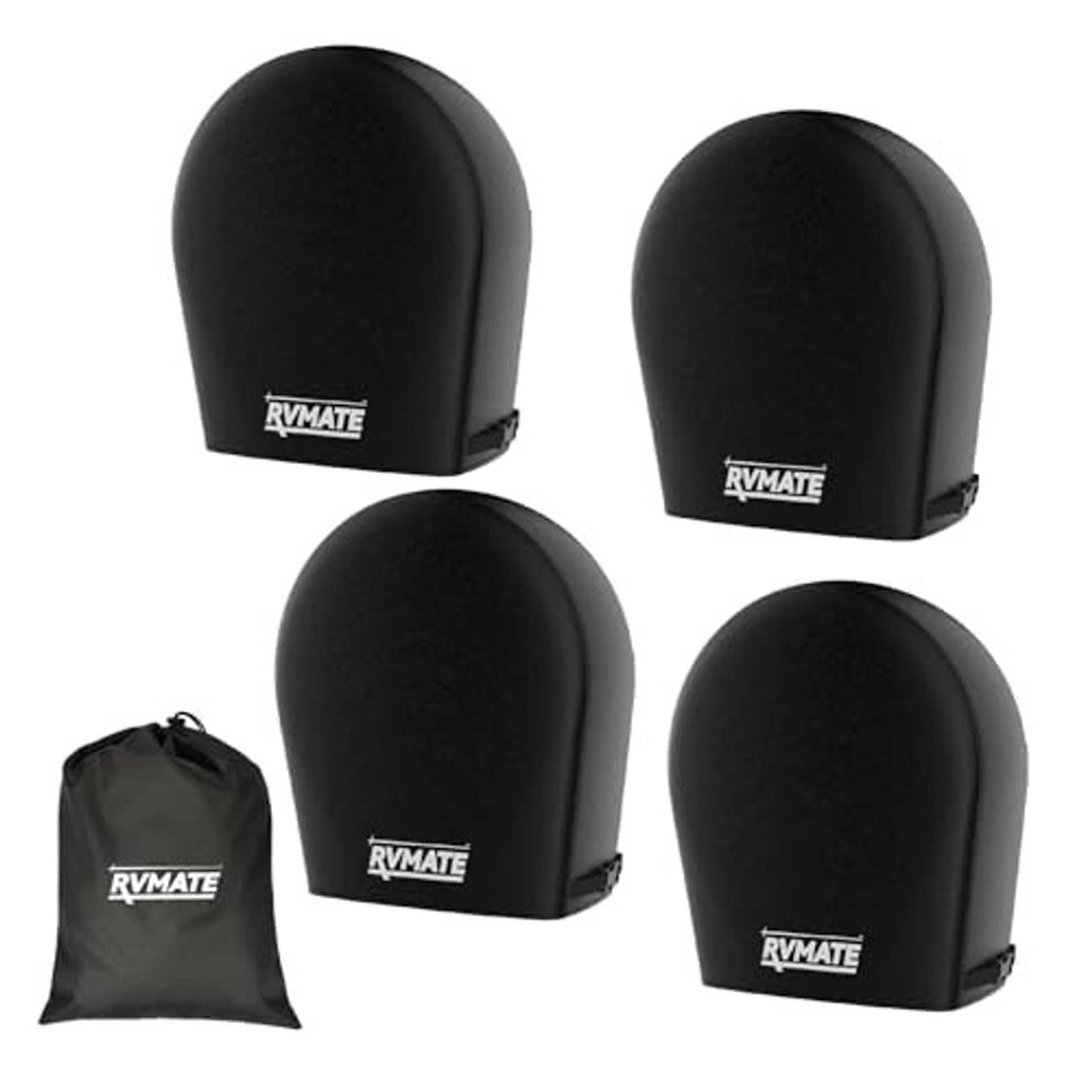 Black RV tire covers with RVMATE logo, four rounded covers and matching storage bag