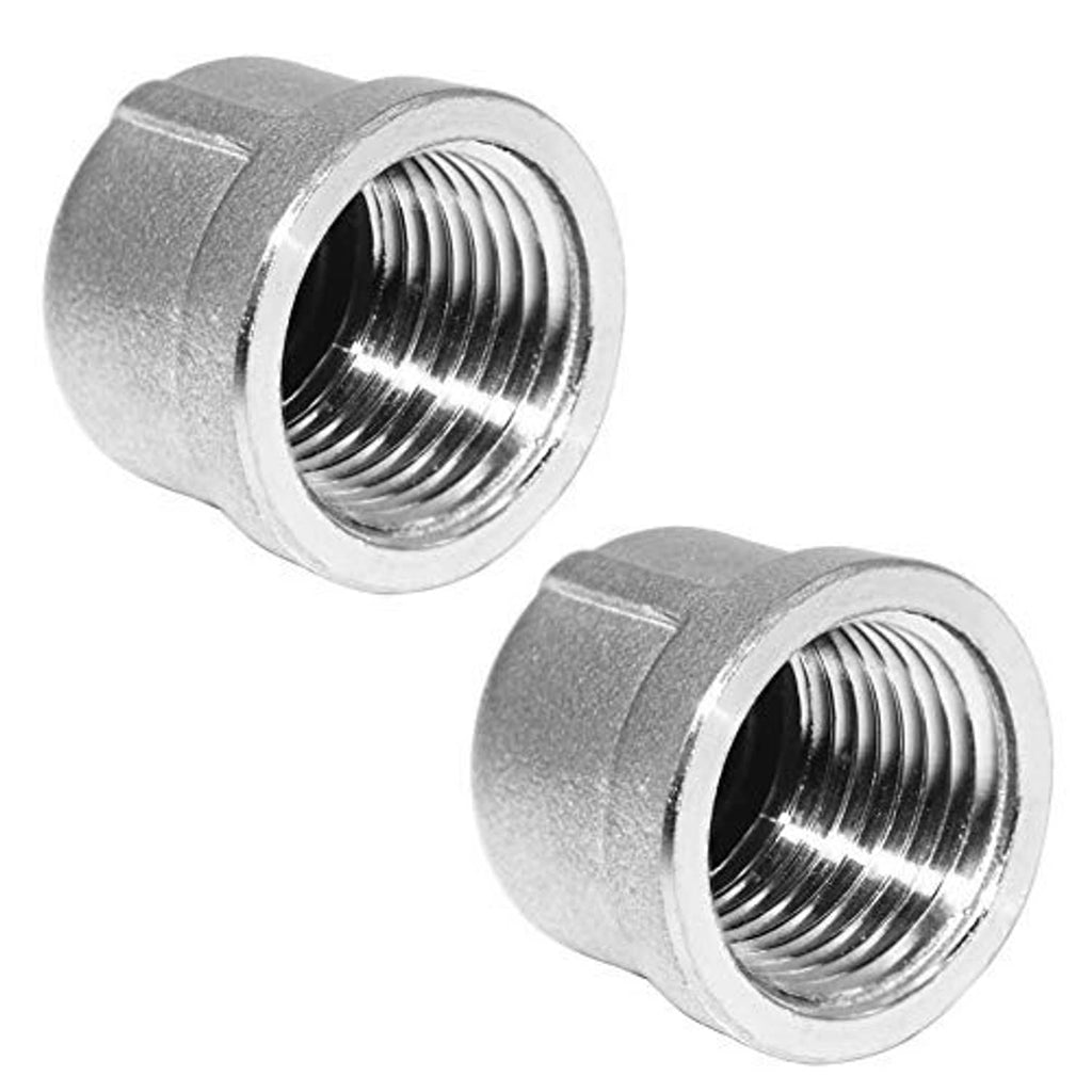 Stainless steel NPT female pipe plug caps, showing internal spiral threads, 2-pack