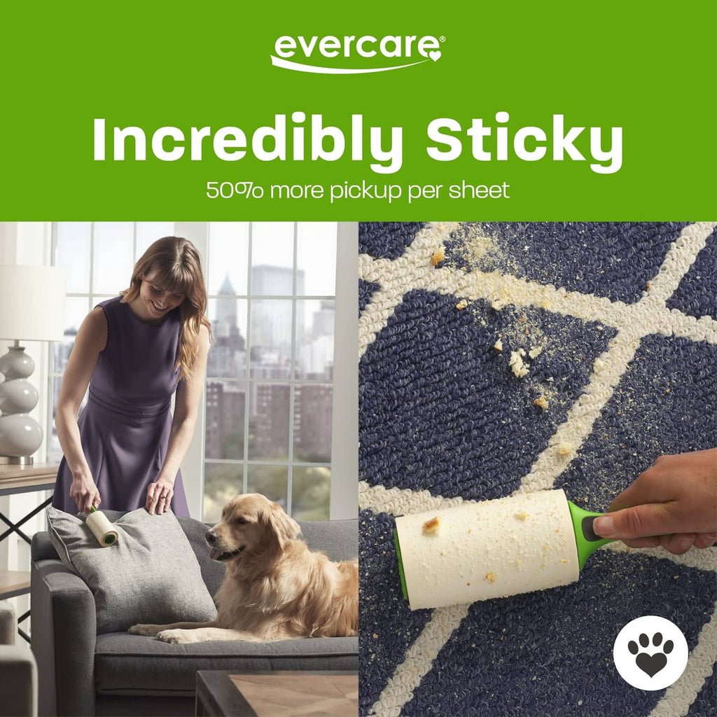 Evercare sticky lint roller lifting pet hair from fabric using an adhesive sheet.