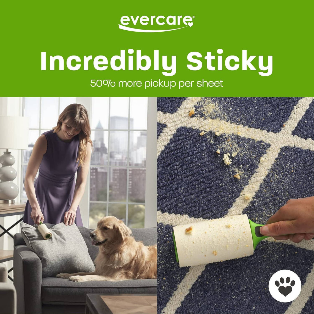 Evercare sticky lint roller lifting pet hair from fabric using an adhesive sheet.