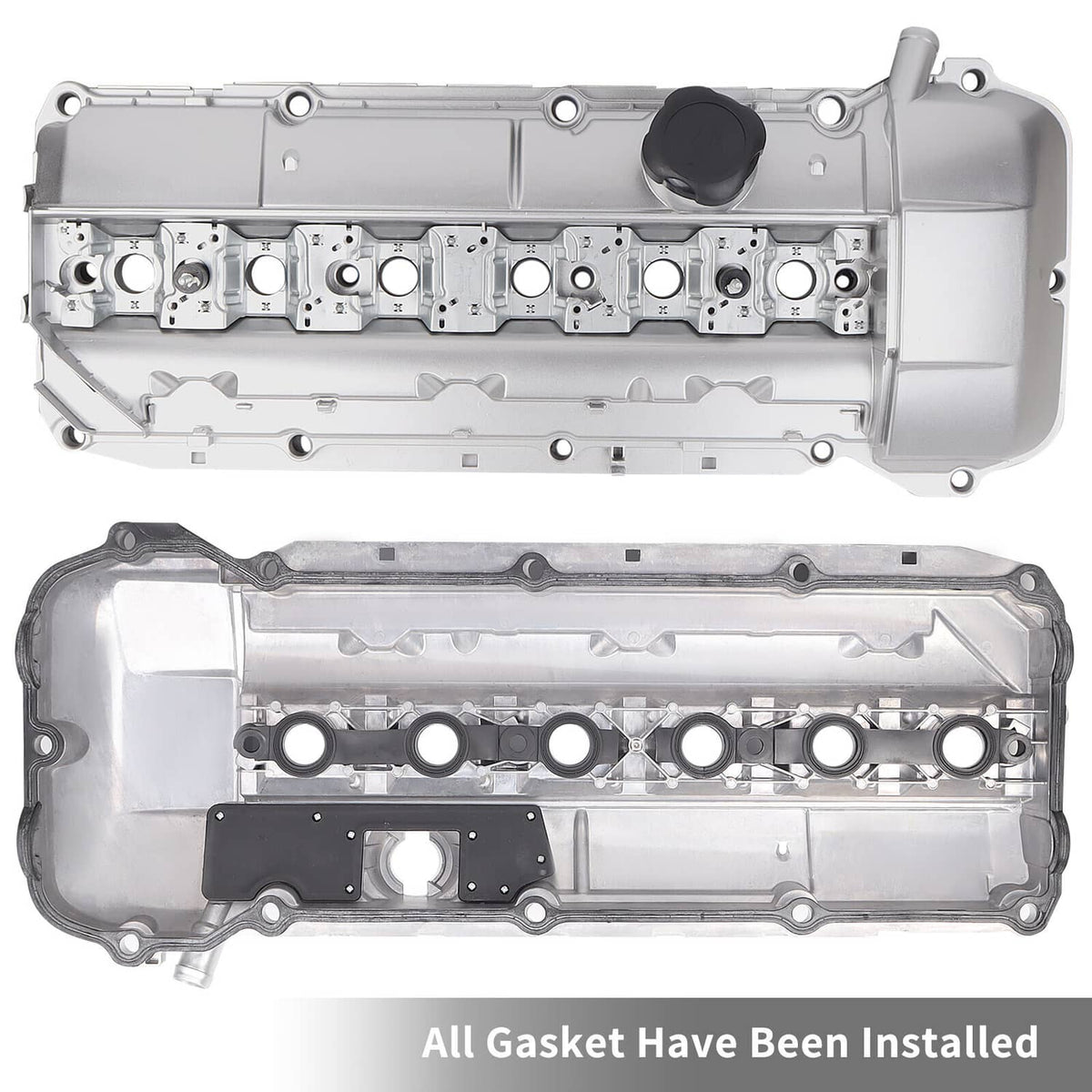 Aluminum valve cover with oil cap and two-piece gasket pieces, silver-gray