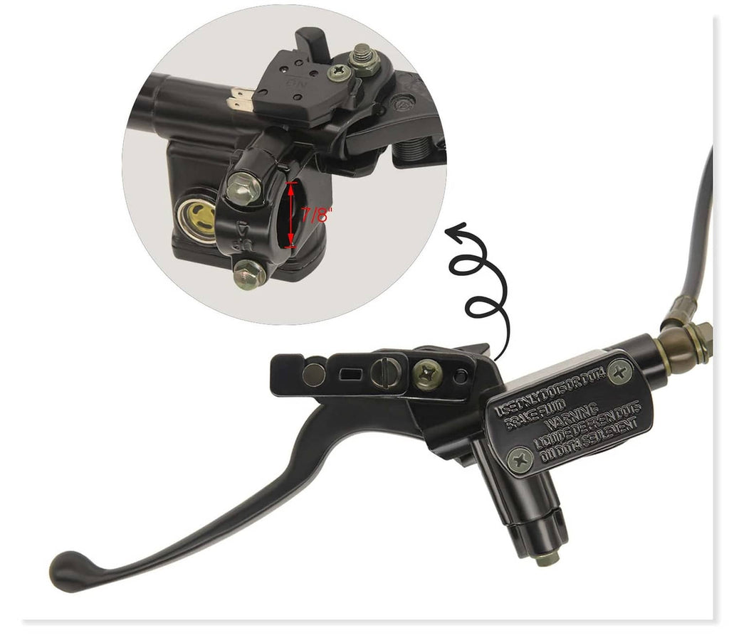 Hydraulic brake master caliper with hand lever, black housing, and braided hoses