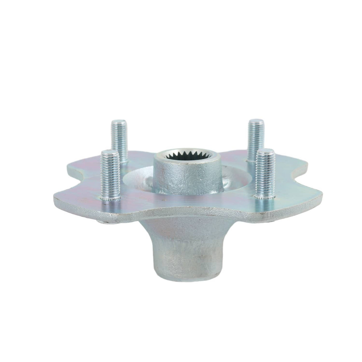 Rear axle wheel hub with splined bore, four threaded studs, and center flange