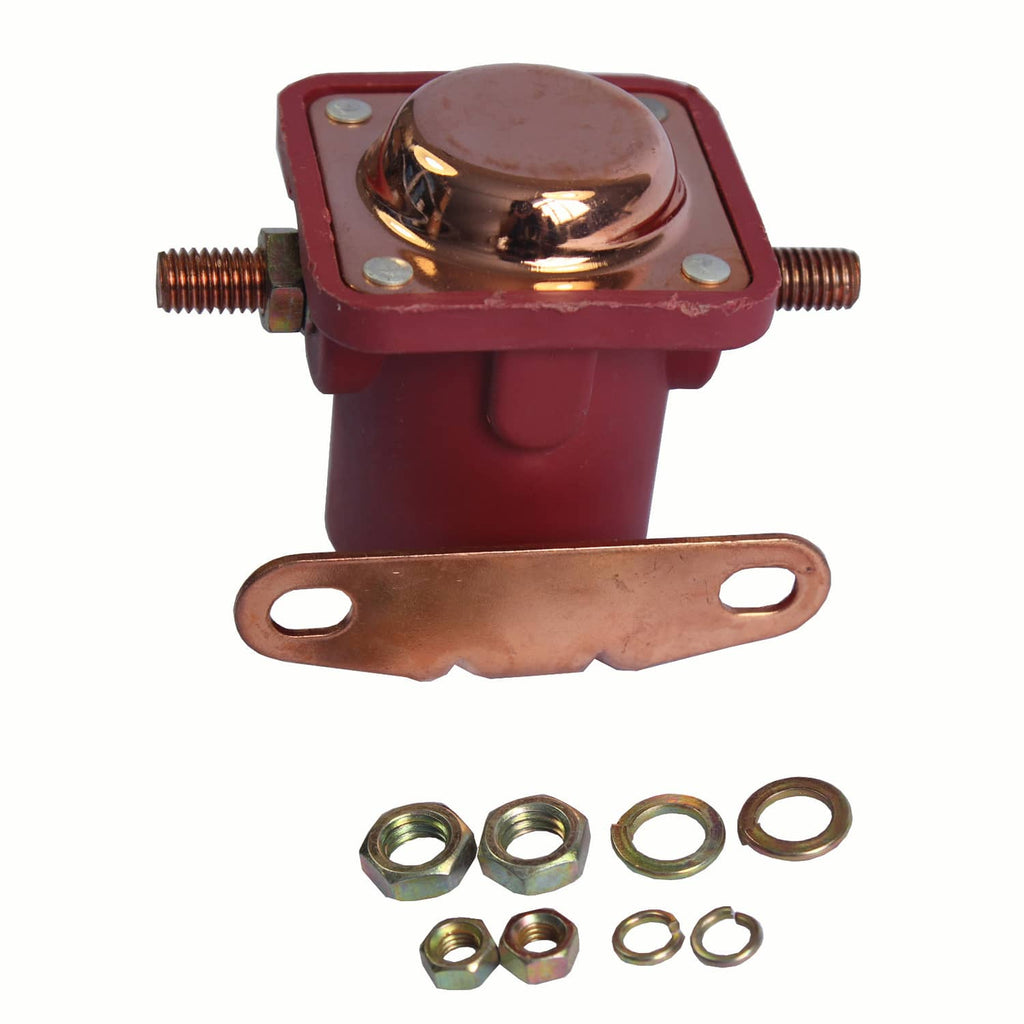 Red 12V solenoid relay with copper terminals and mounting bracket