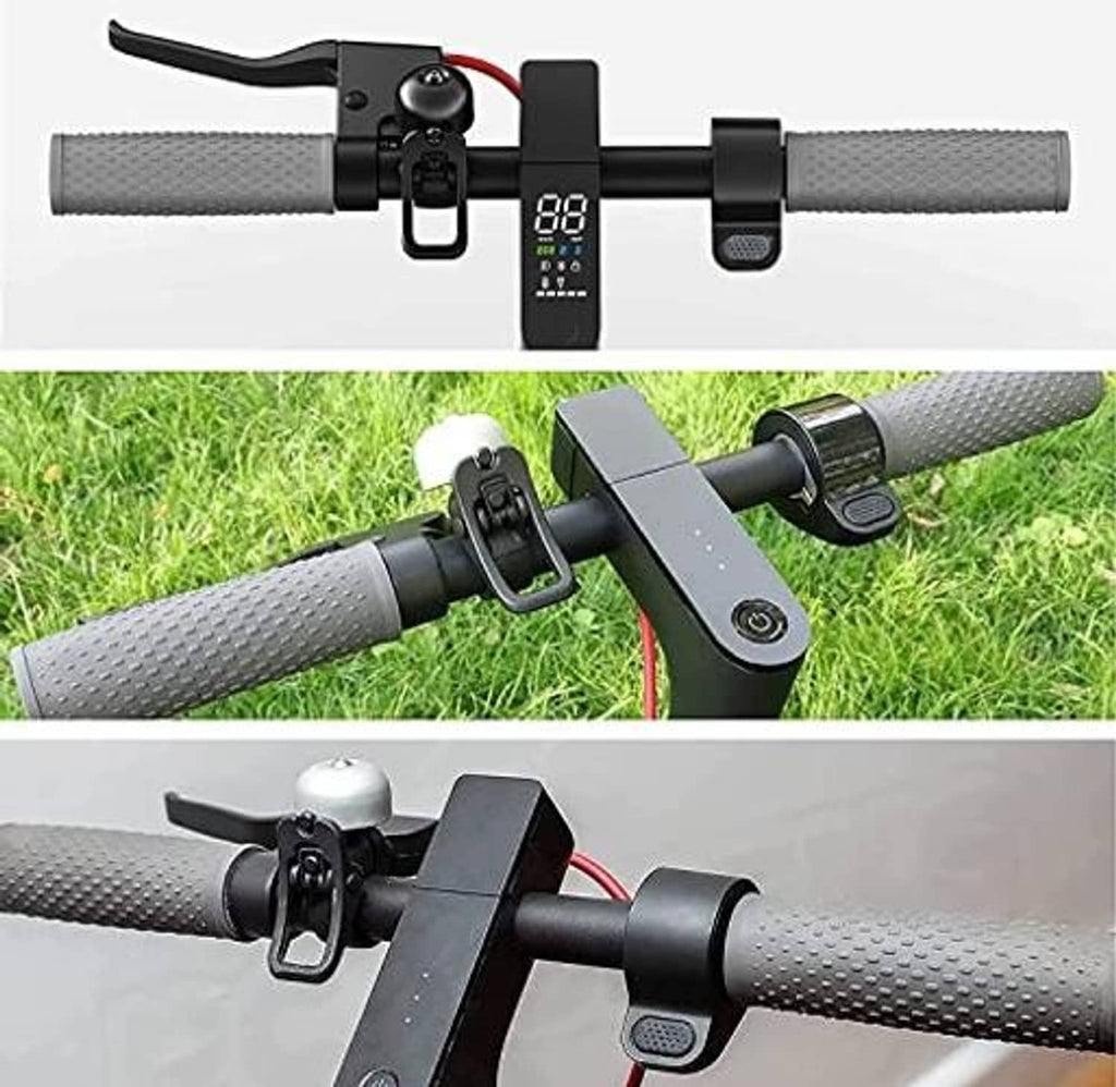 Electric scooter thumb throttle accelerator control mounted on handlebar with display