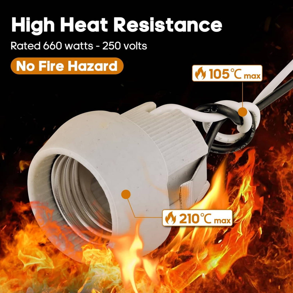 Grey E26 lamp socket with heat-resistant porcelain housing and black silicone-coated wire