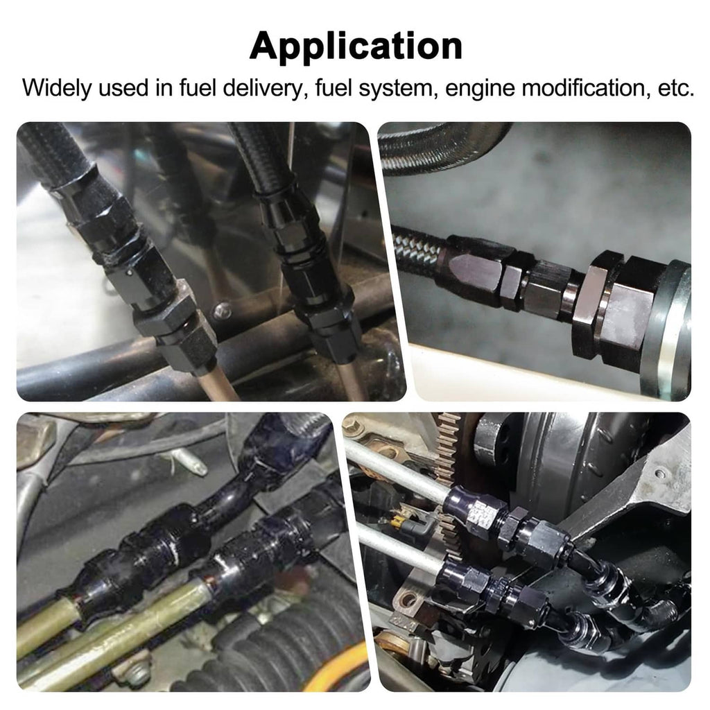 Black compression hardline fitting used on engine bay fuel line connections