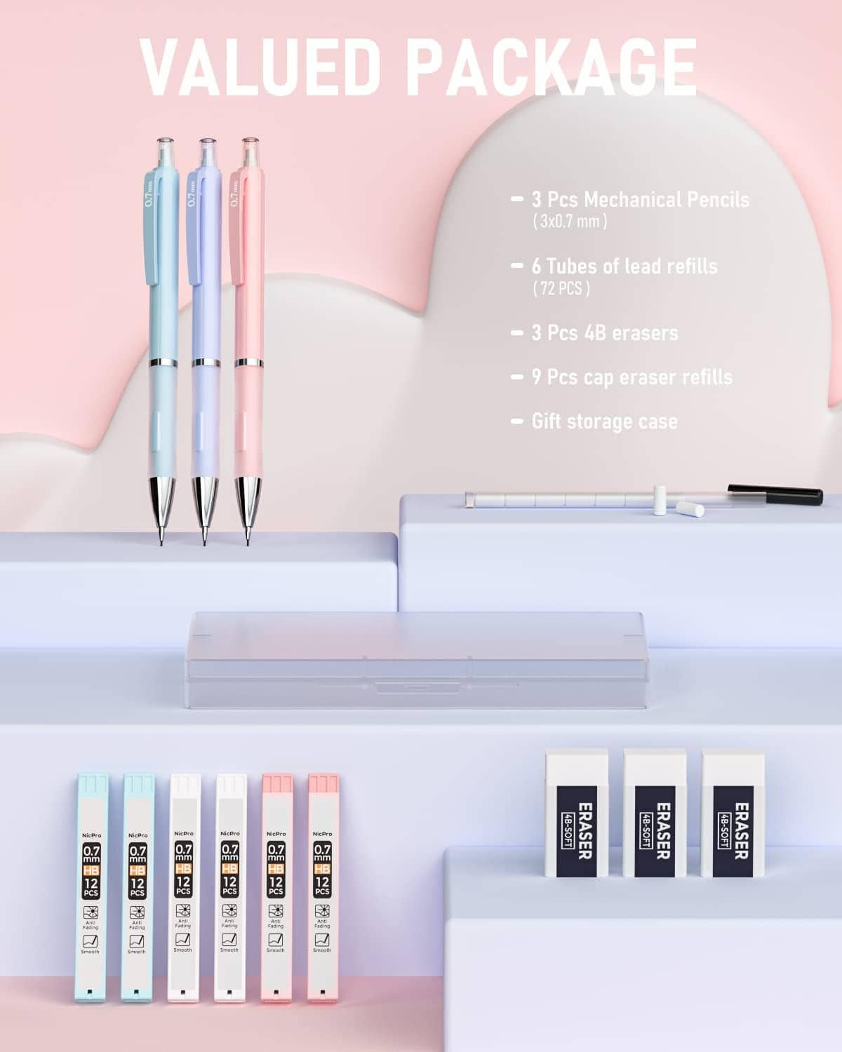 Mechanical pencil set in open storage case with extra lead refill tubes and erasers