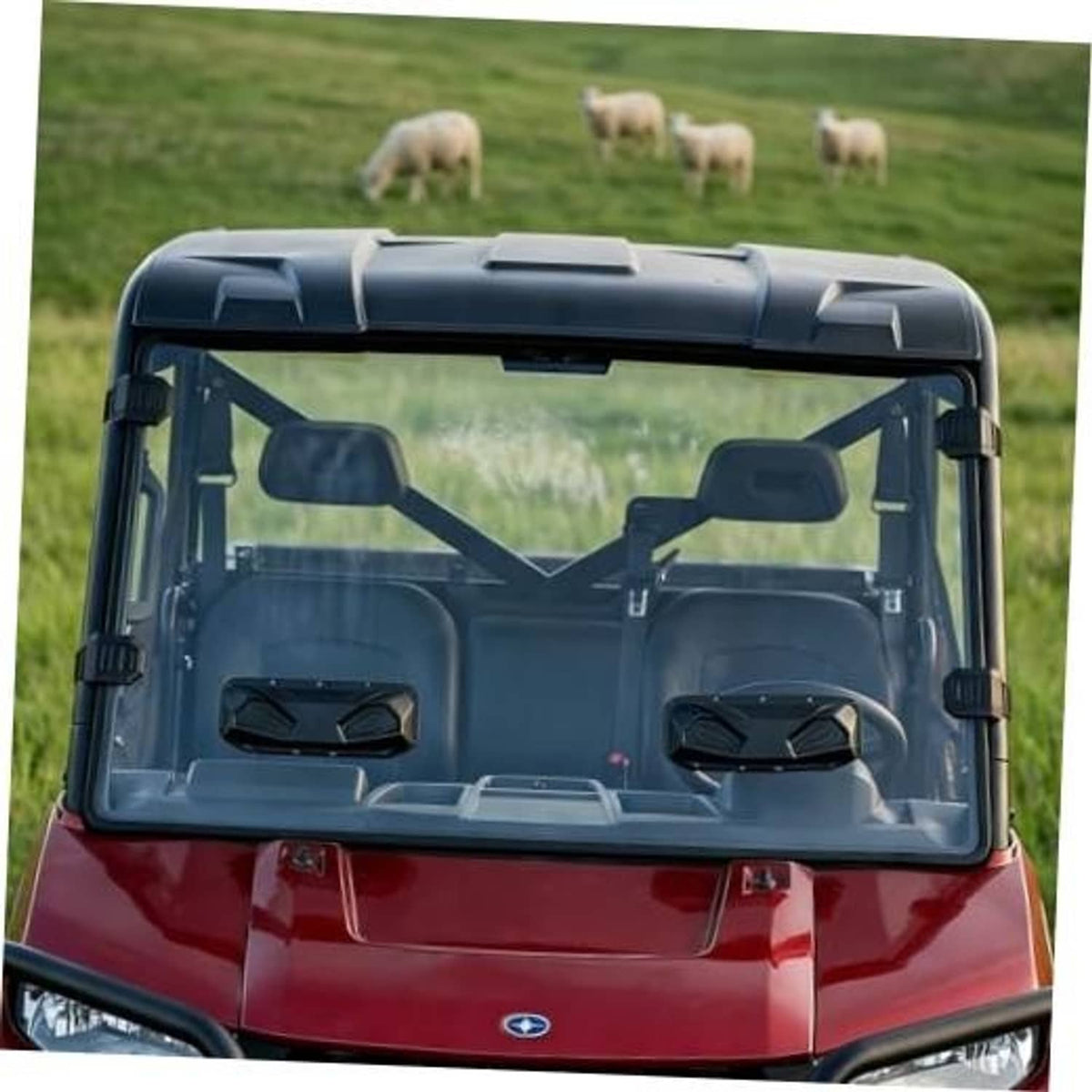 Vented tinted windshield panel for Polaris Ranger XP with top air deflectors