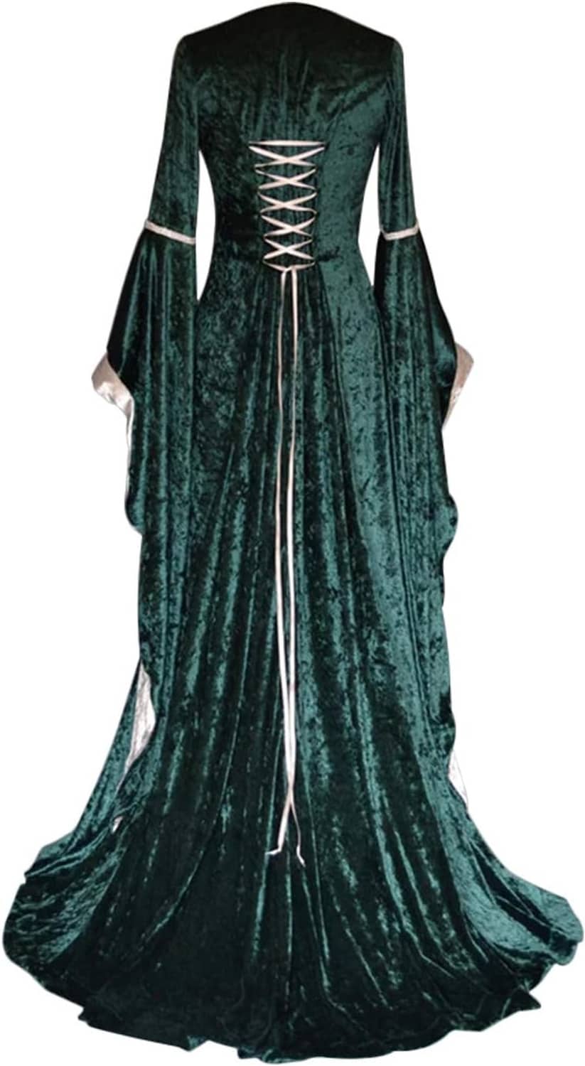 Women’s medieval long dress back view with lace-up detail, green fabric and silver sleeve panels