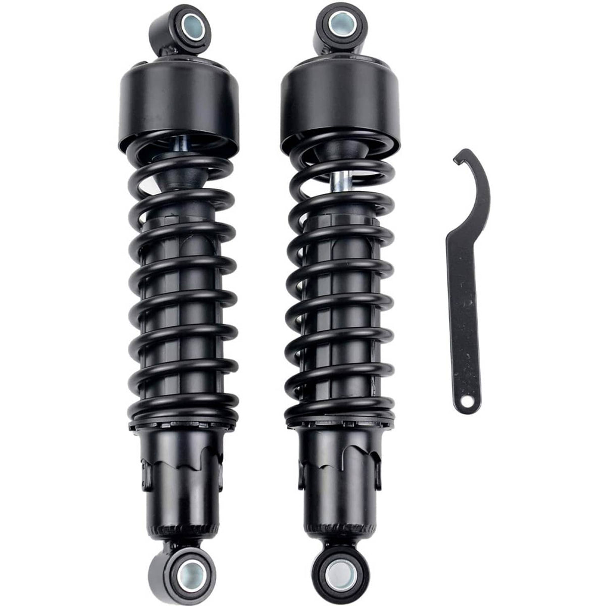 Front view of two black rear shock absorbers with coil springs and round eye mounts