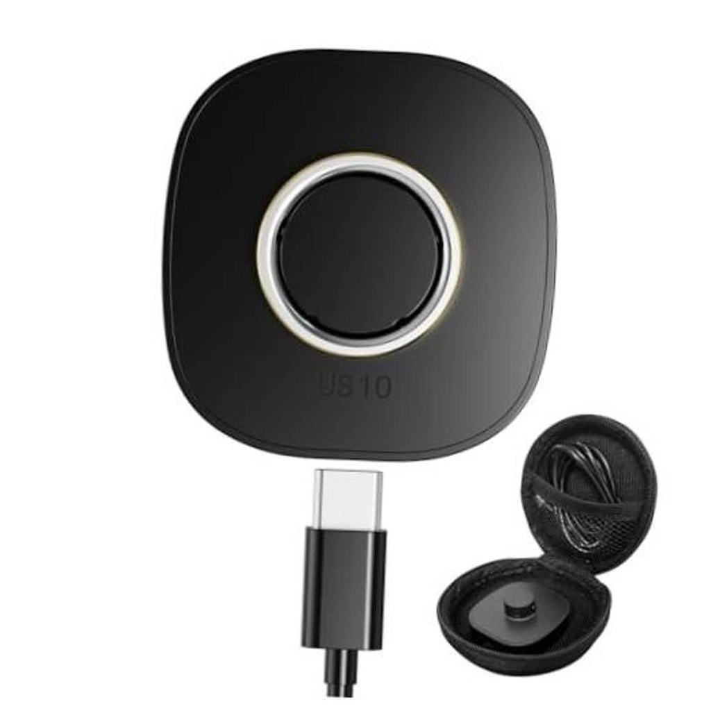 Black wireless charging case with circular ring dock, US10 marking, USB-C cable and pouch