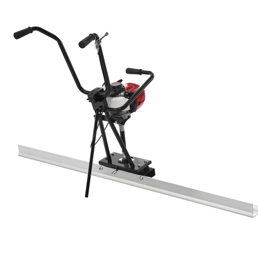 Power screed float with black tubular frame, red motor, and long metal leveling blade
