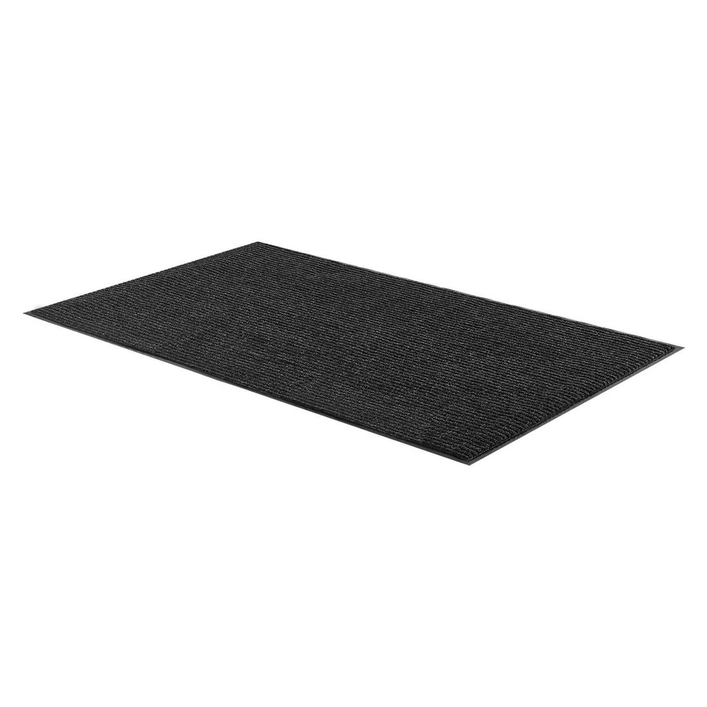 Flat commercial door mat with textured striped surface, dark charcoal