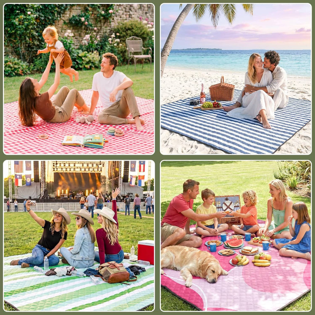 Waterproof picnic blanket used outdoors on grass and at the beach.