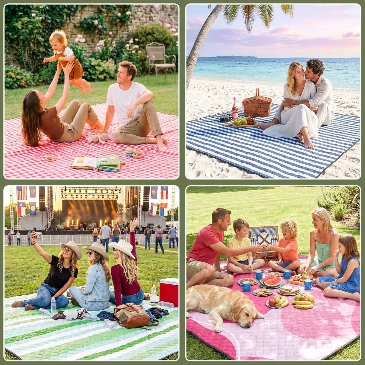 Waterproof picnic blanket used outdoors on grass and at the beach.