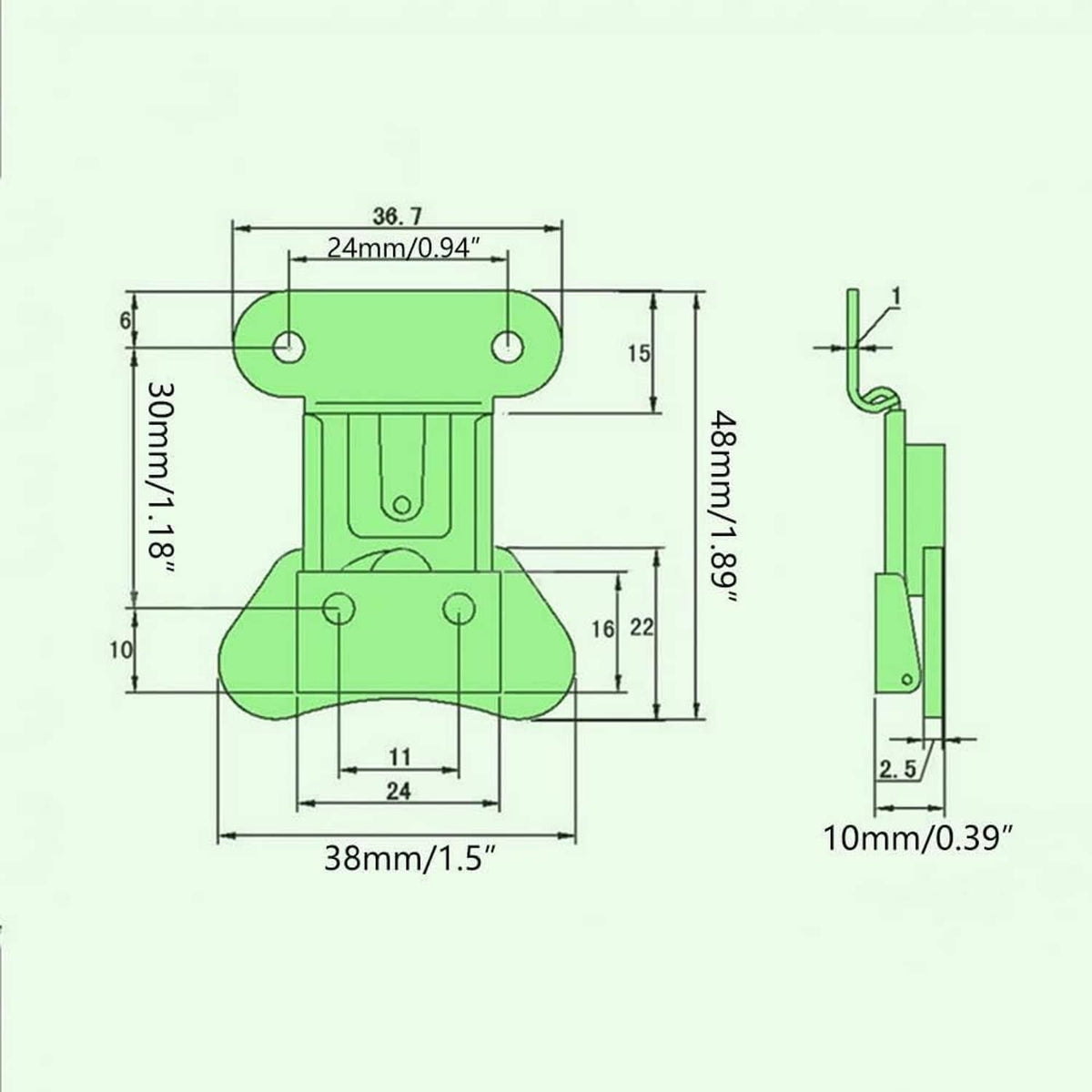 Butterfly latch dimensions diagram with mounting holes and latch body
