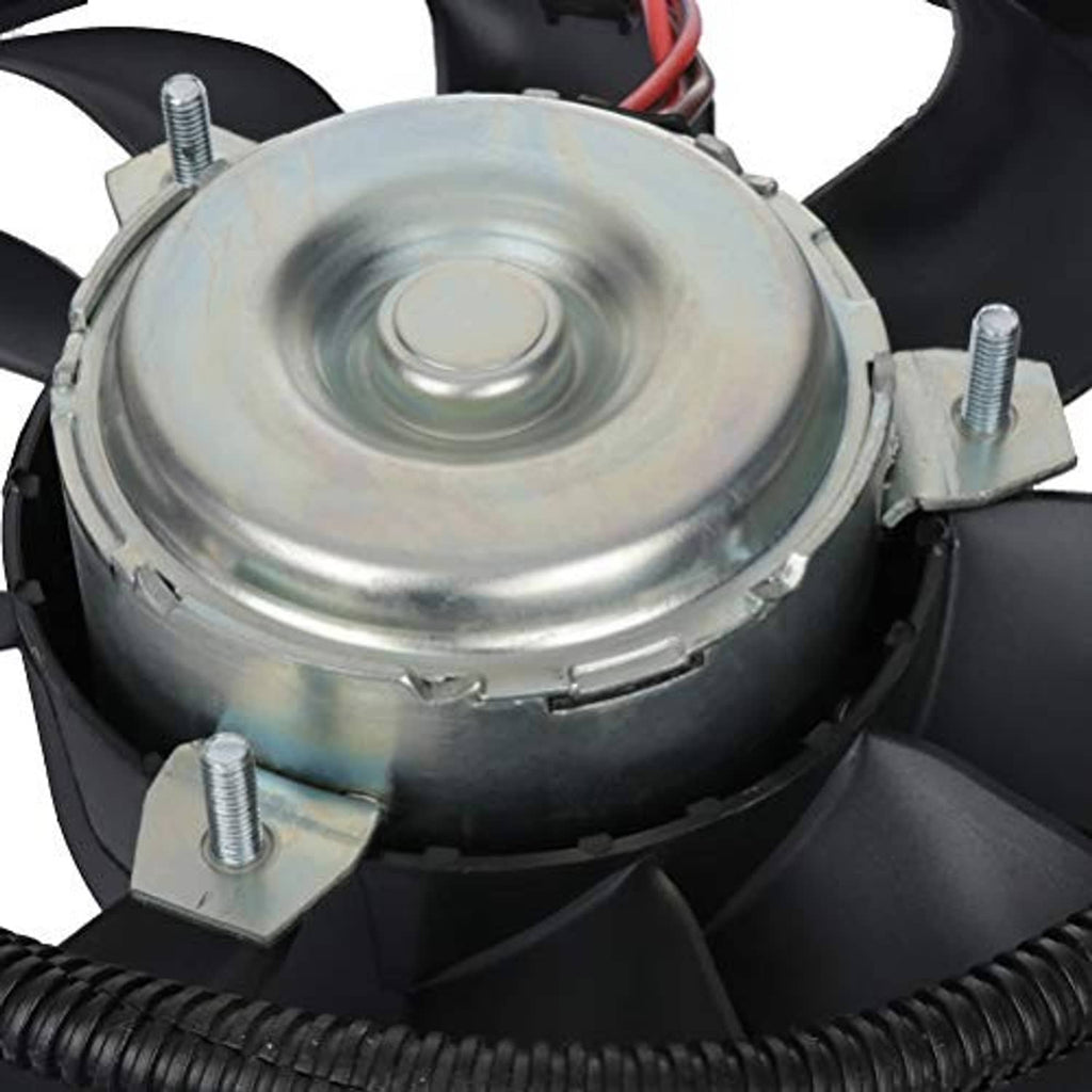 Condenser cooling fan assembly close-up of round motor cover and mounting brackets