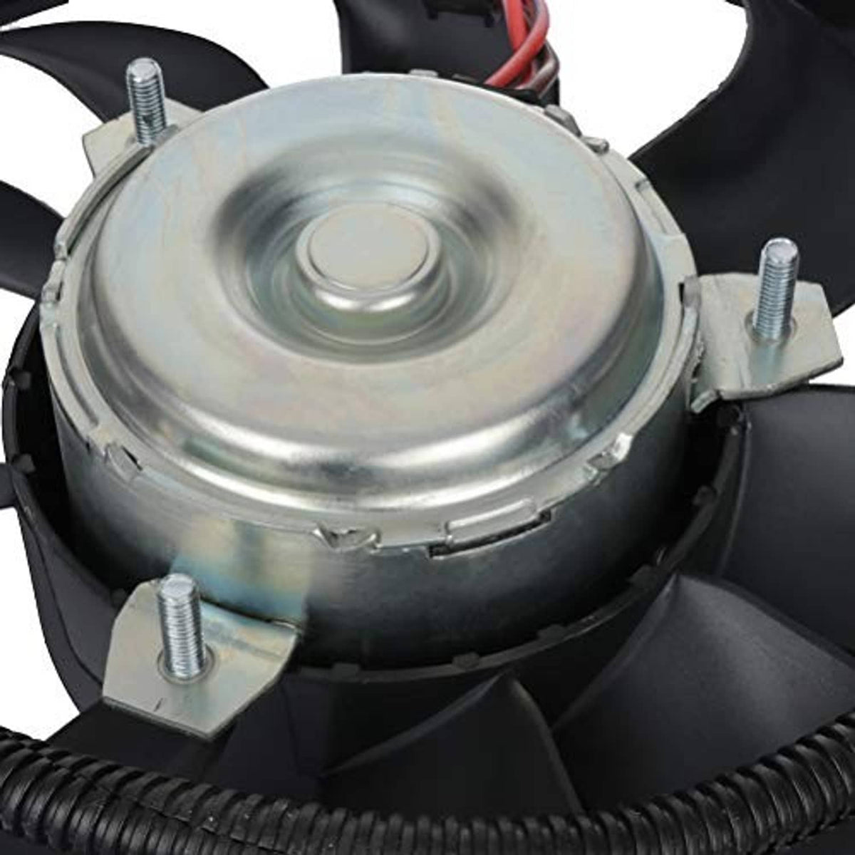 Condenser cooling fan assembly close-up of round motor cover and mounting brackets