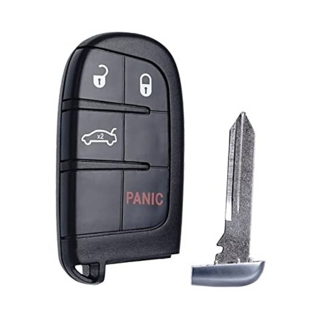 Black 4-button smart key fob with lock, unlock, trunk, and red PANIC icon.