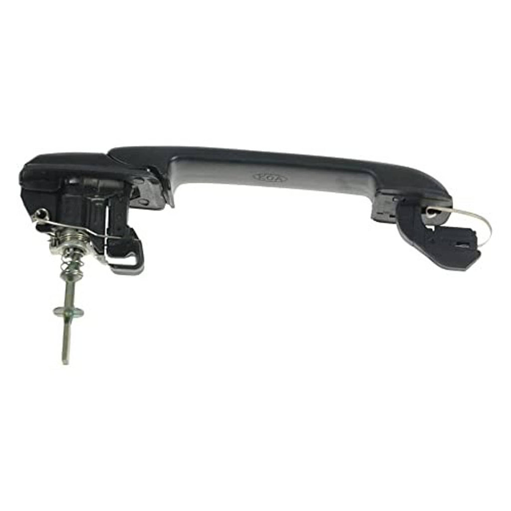 Black exterior door handle with exposed lock mechanism and two keys
