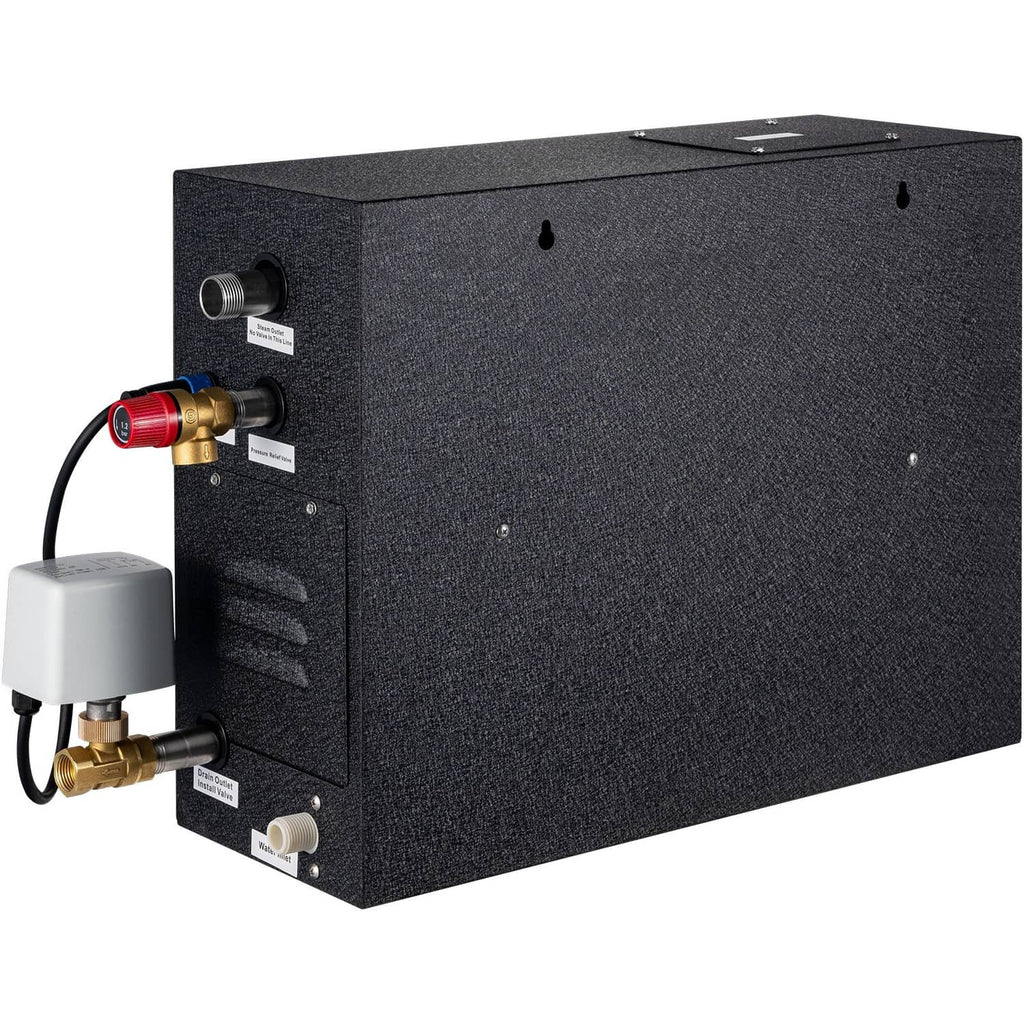 Steam generator sauna unit with white reservoir, black hoses, and brass valve fittings