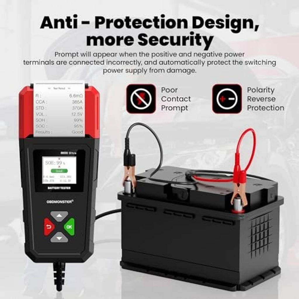 Red-and-black car battery tester with anti-protection cables and clamp leads
