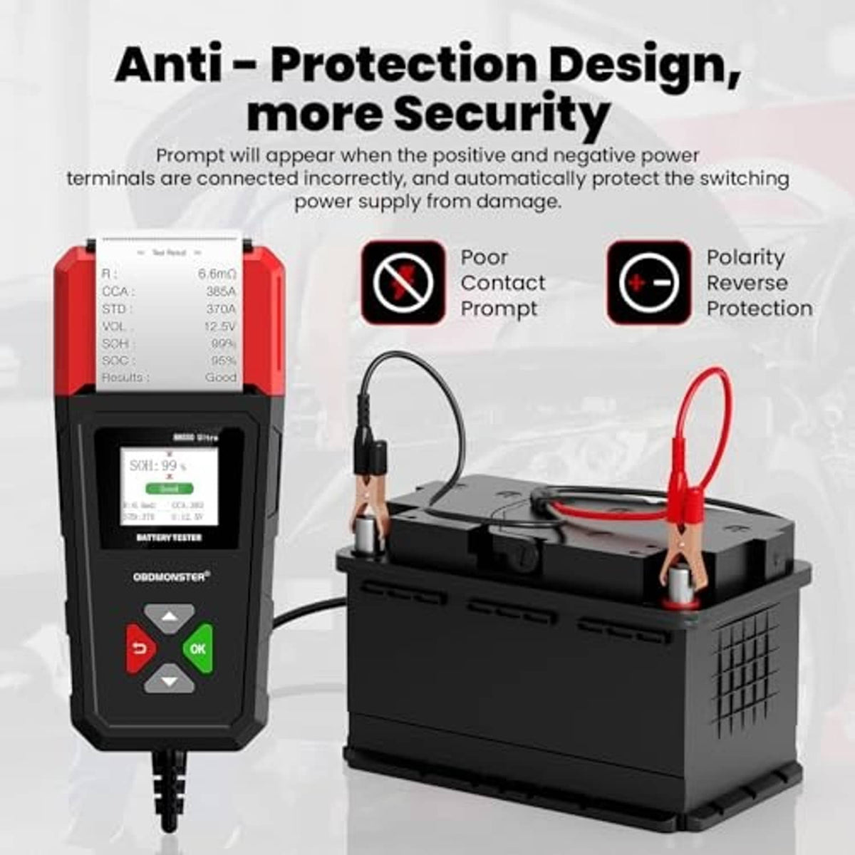 Red-and-black car battery tester with anti-protection cables and clamp leads