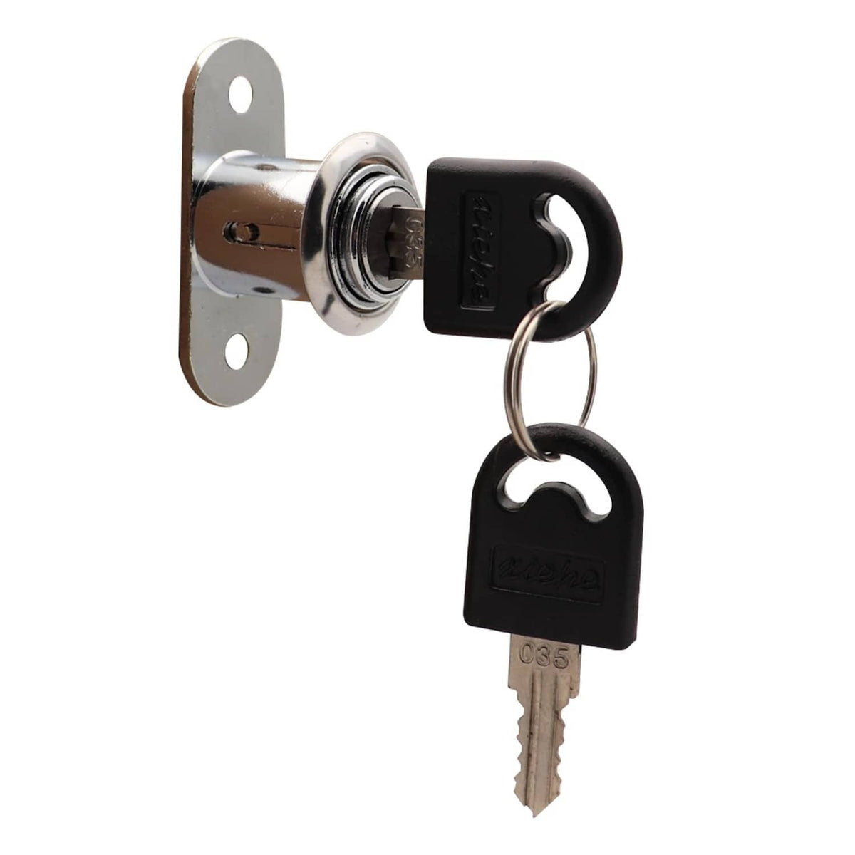Silver push plunger lock with black cylinder, mounting plate, two keys on ring