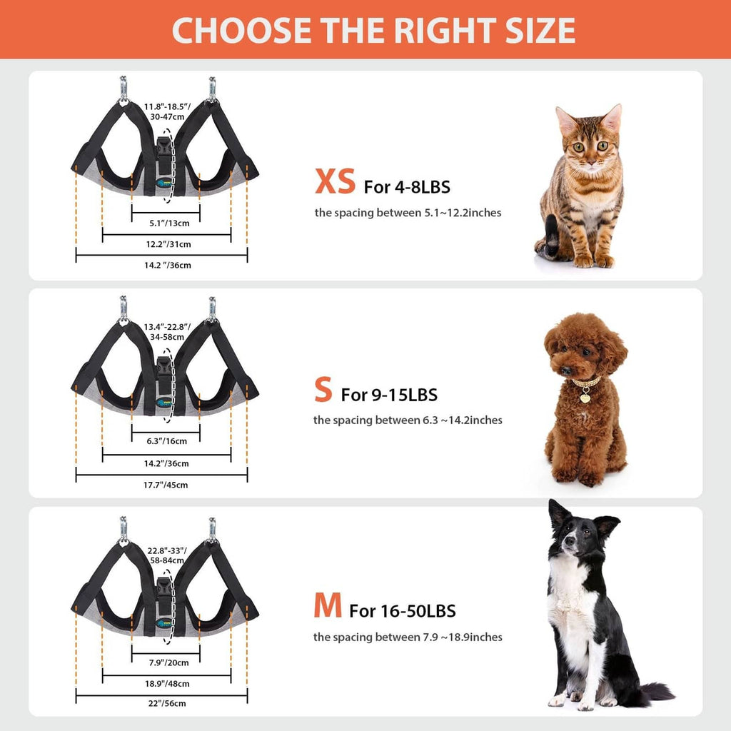 Pet grooming hammock size chart showing XS, S, and M dog sling measurements