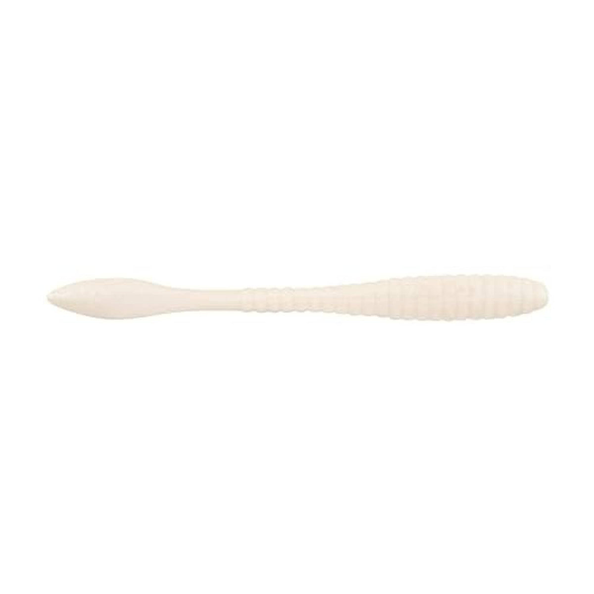 PowerBait Maxscent soft plastic worm bait in white pearl, side view