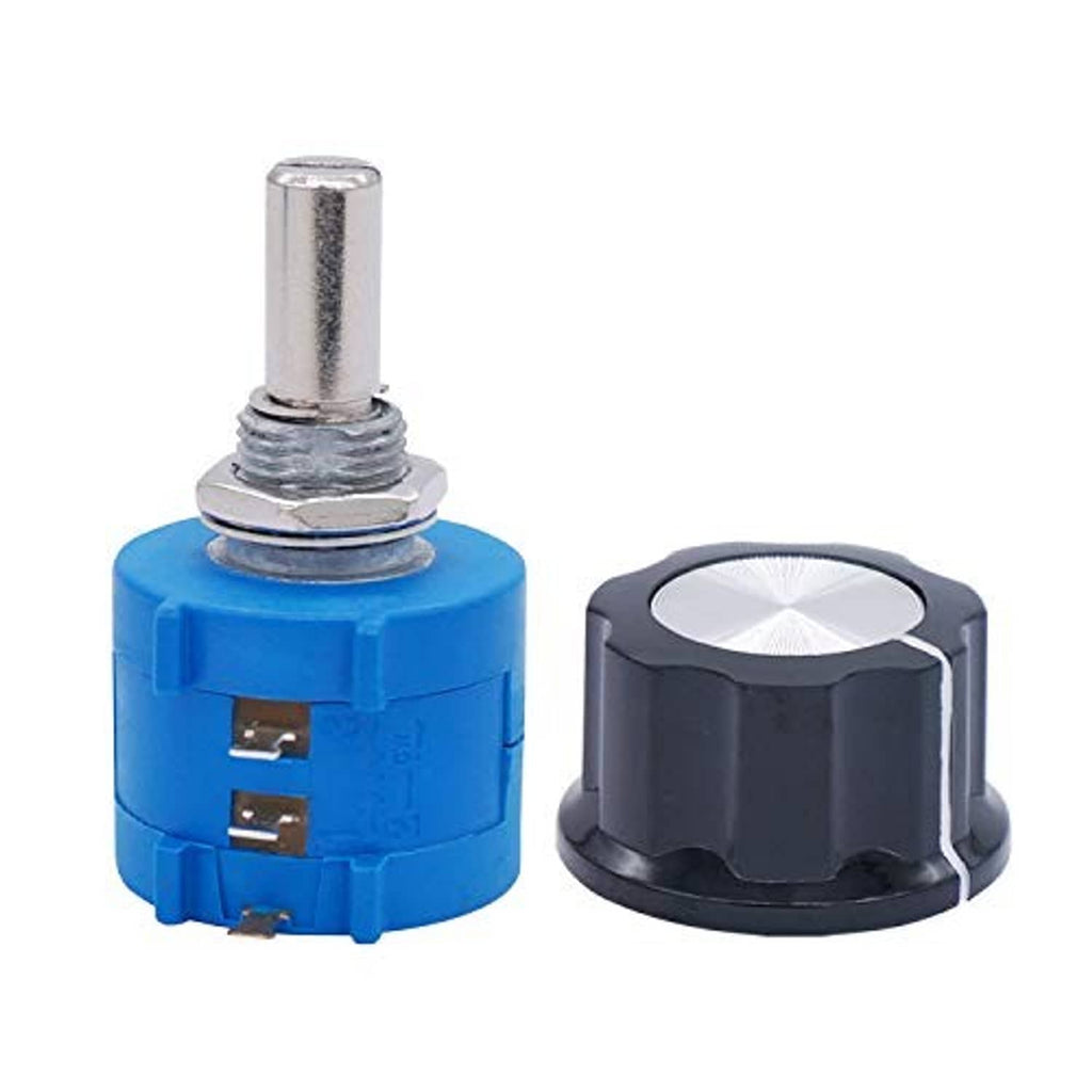 Blue and black rotary potentiometers with metal threaded shafts and adjustment tops