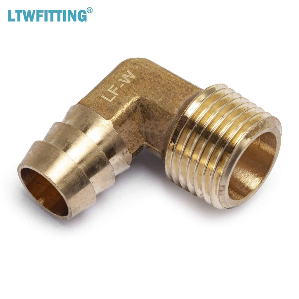 Brass 90-degree elbow hose barb fitting with threaded male connection