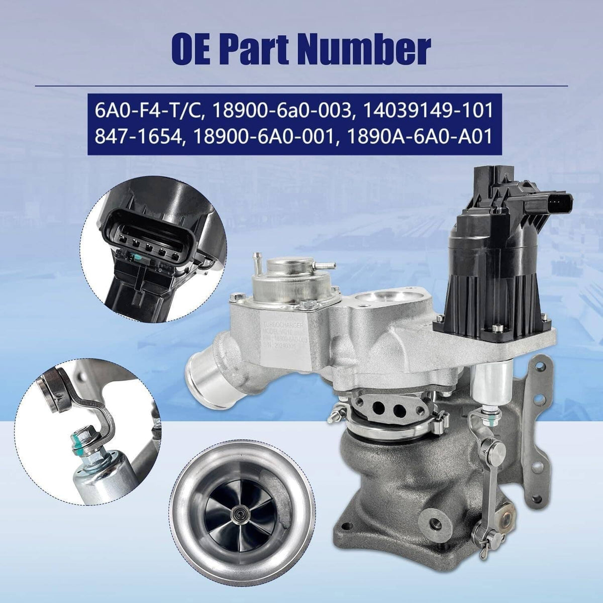 Turbocharger with actuator and inlet/outlet, silver metal housing with black electrical connector