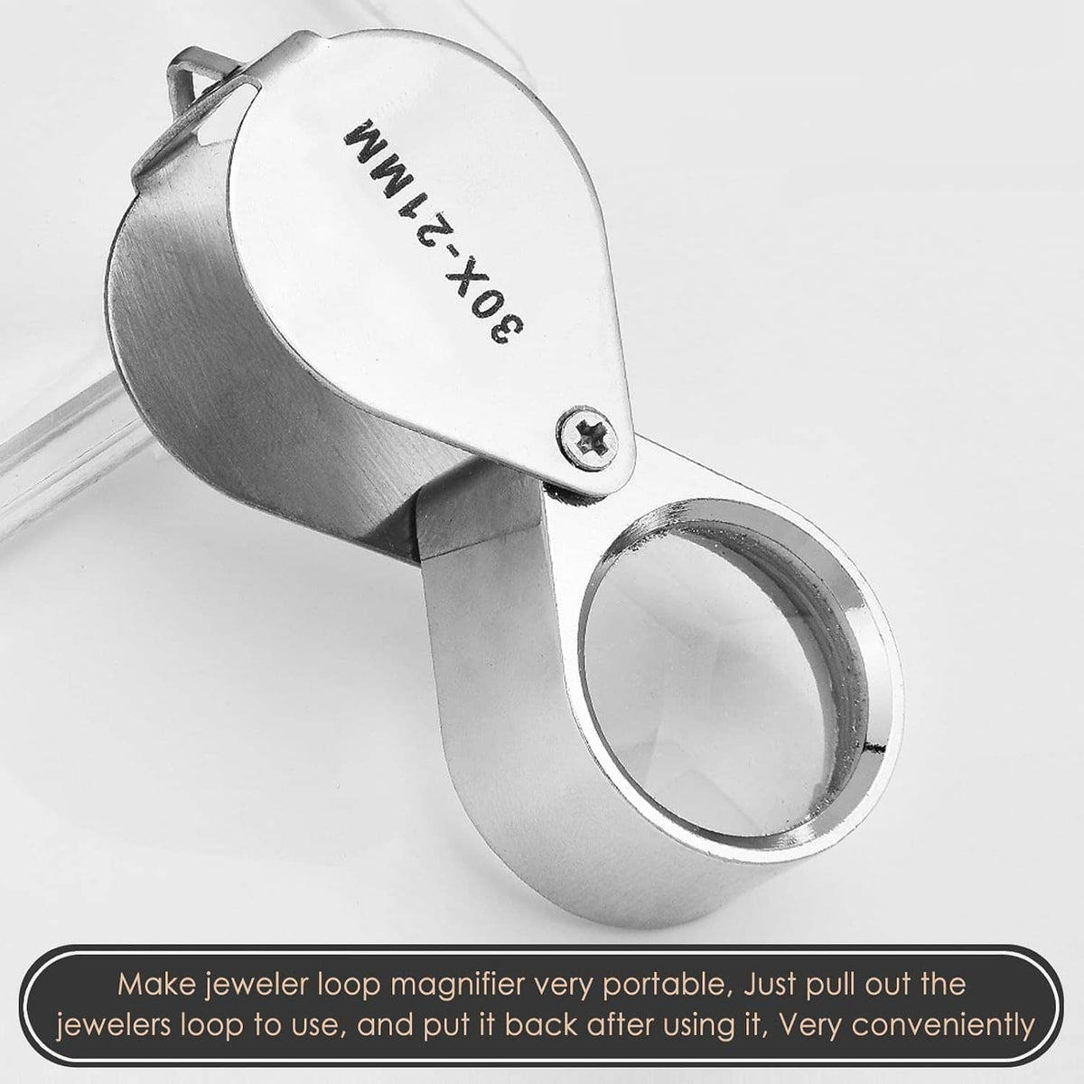 Folding pocket jewelers loupe magnifier with 30x 21mm lens, brushed metal body.