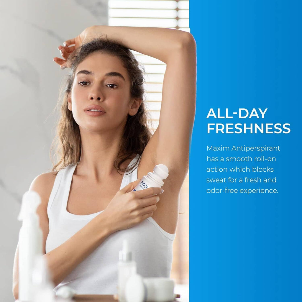 Maxim antiperspirant roll-on applied near underarm with capped white bottle